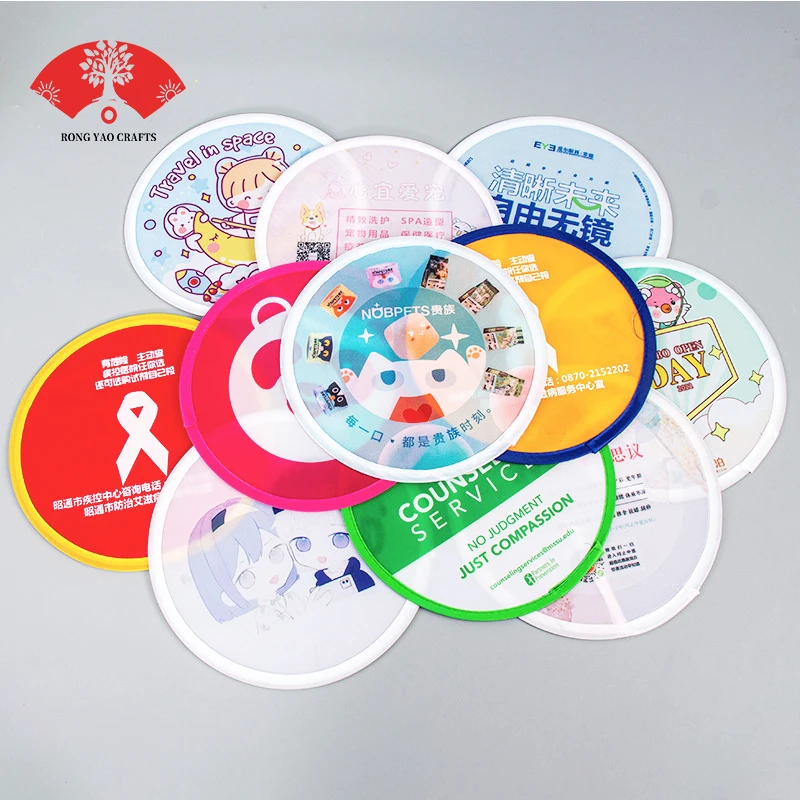 Promotional cheap nylon cloth folding hand fan sublimation blank custom logo round foldable flying disc for pet dog