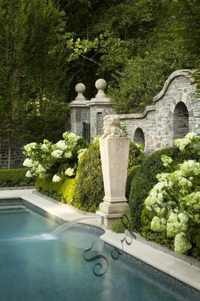 natural stone garden wall  fountains create a restful courtyard in a garden