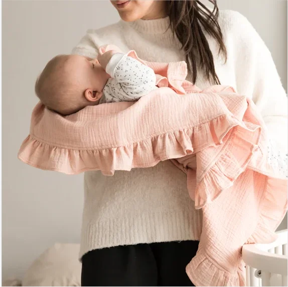 Eco-friendly Solid Color 2 Layer Crinkle Cotton Muslin Gauze Ruffle Baby Blanket 100% muslin swaddle wrap