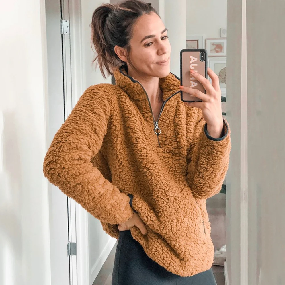 
Hot Sale 2020 Autumn and Winter models Long Sleeve Lapel Zipper Pocket Blouse Plush Jacket 