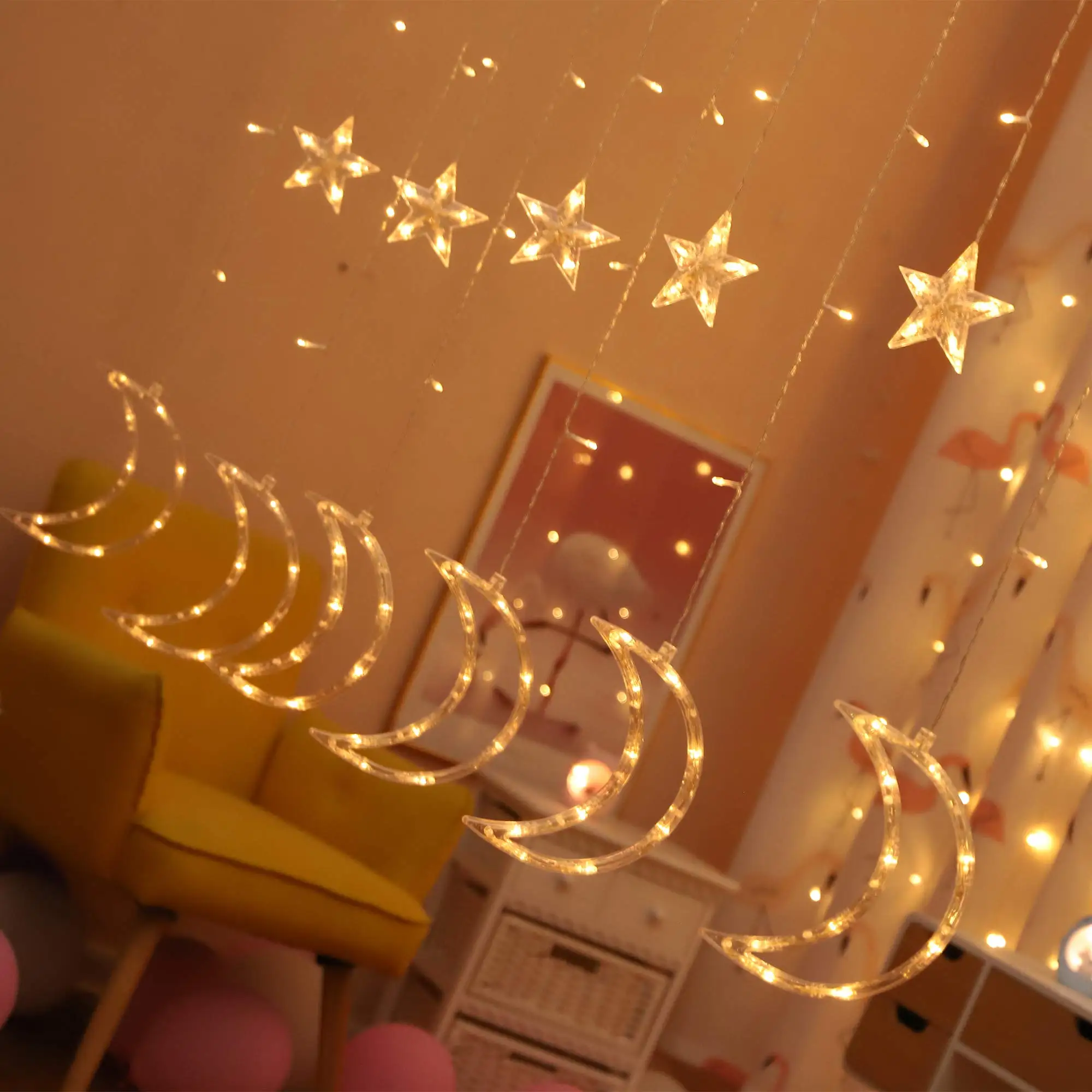 Factory made Wholesale Eid Ramadan Eid Decoration 138 LED Fairy Lights Christmas Fairy Led Moon Star Window Curtain Lights