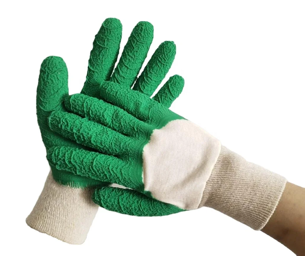 Yellow latex half coated gloves with rid cuff, wave finish