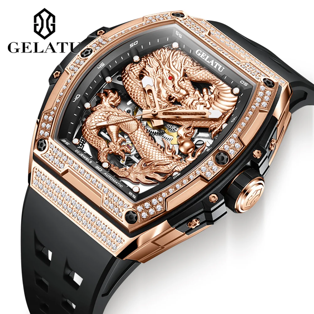 GELATU 6021 OEM luxury custom logo Hollow skeleton dragon tourbillon Rubber strap odm Sports Automatic mechanical watch for man