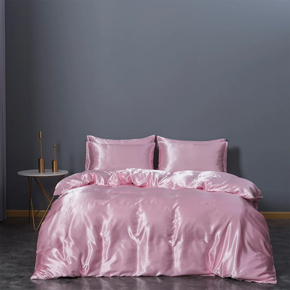 Premium OEM Factories Polyester Pink Black Grey Home Textile Satin Comforter Bedding Sets For Queen