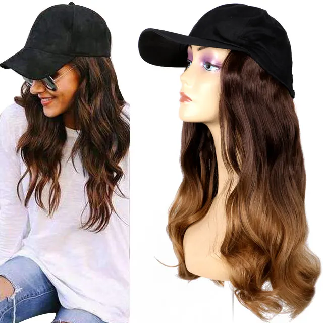 Long Straight/Wavy Knitted Hat Wig Black Brown Wig And Hat Natural Connection Synthetic Hair Female Full Headdress