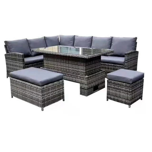 Outdoor Furniture UV Resistant Rattan Corner Dining Sofa Set Gray Modern