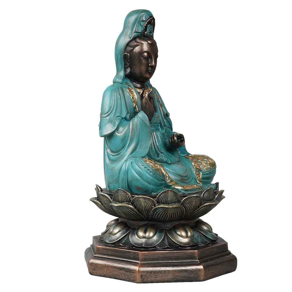 Asian style resin stone powder meditation sitting Kwan yin Buddha statue on lotus throne
