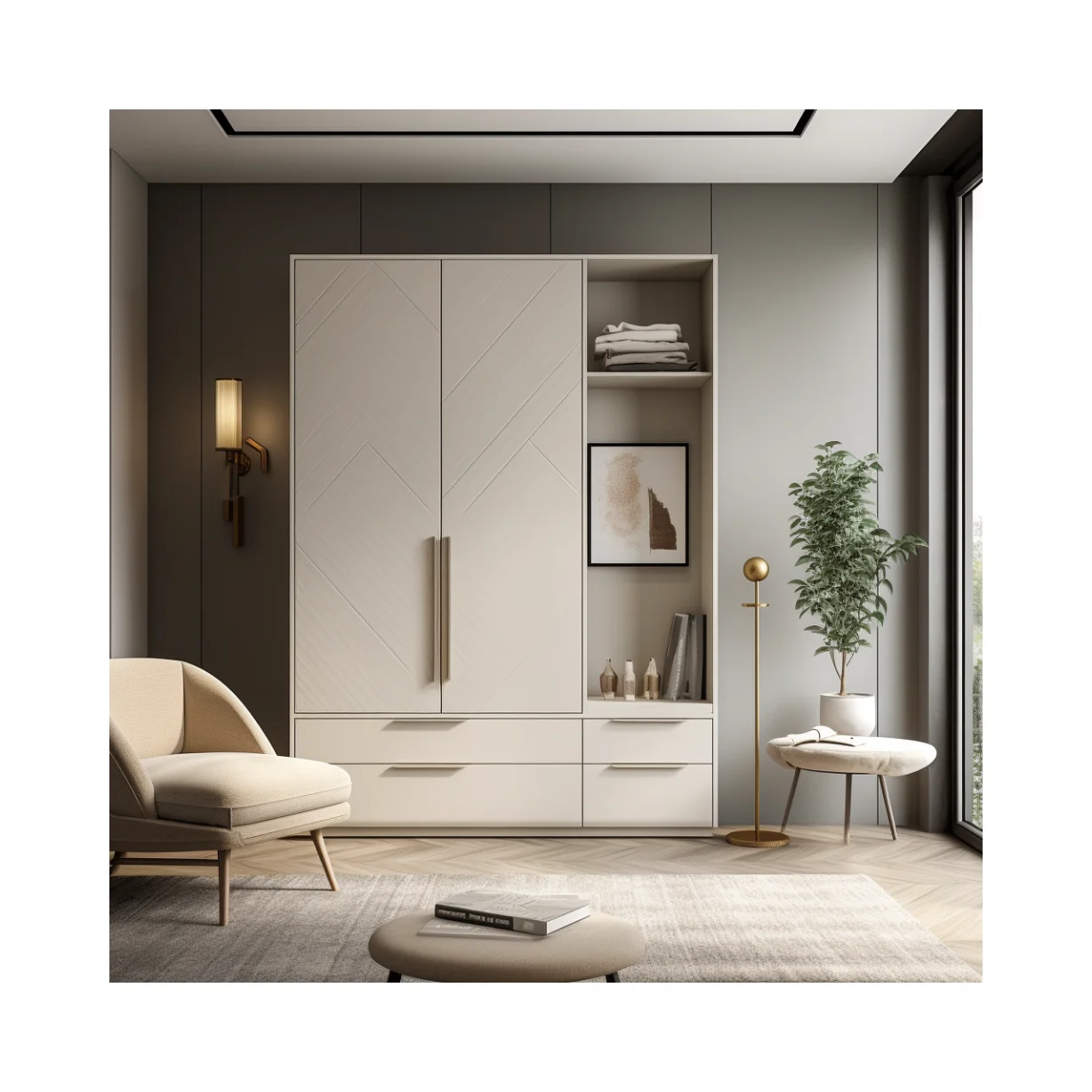 Customized Nordic Double-Door Wardrobe Beige Series Wood Furniture For Dressing Room