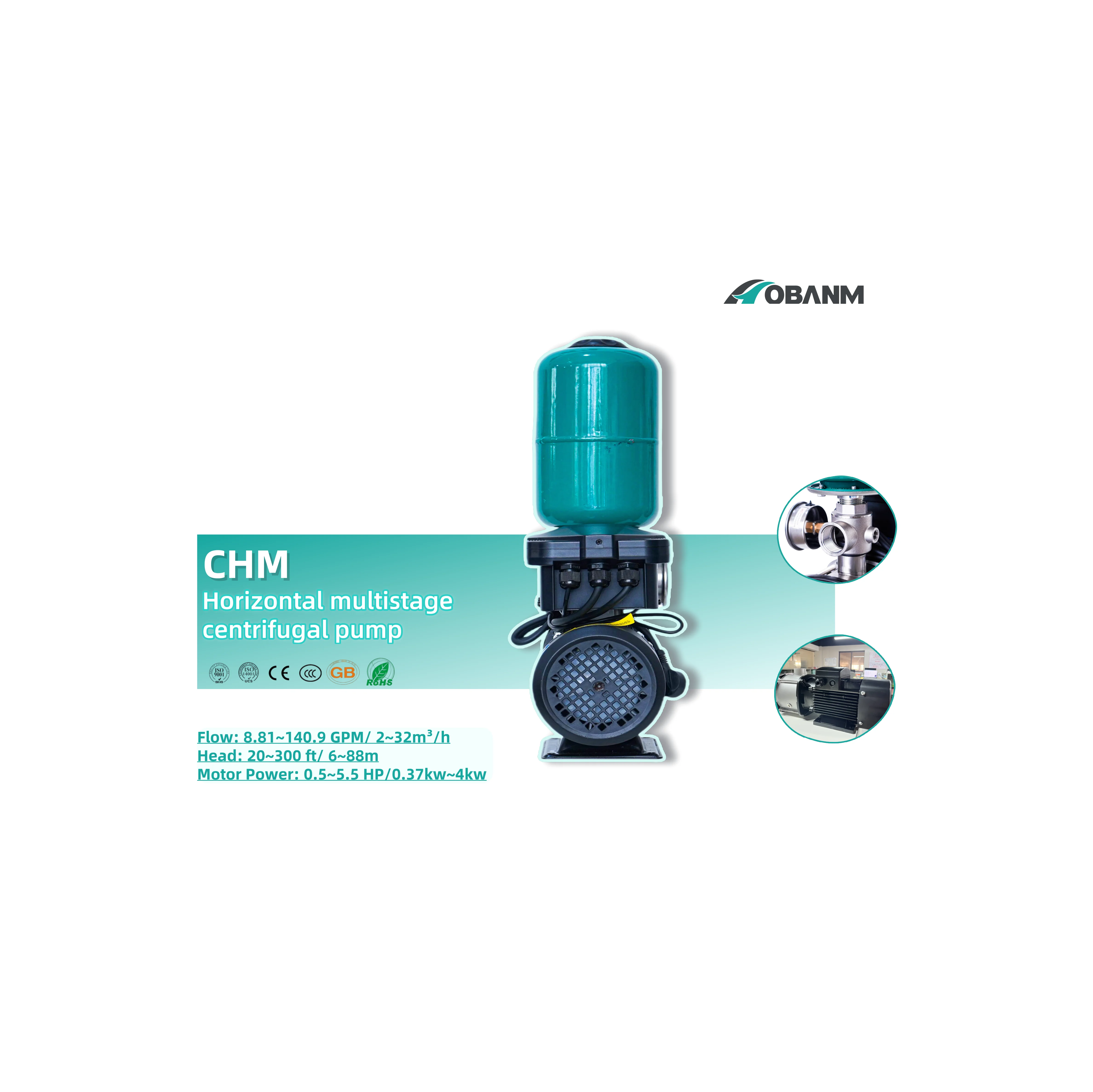 Горизонтальный многоступенчатый центробежный насос CHM 16-20 8 81 ~ 140 9 GPM поток 20 300 футов 2 л.с. многоцелевой водяной с большой скоростью потока