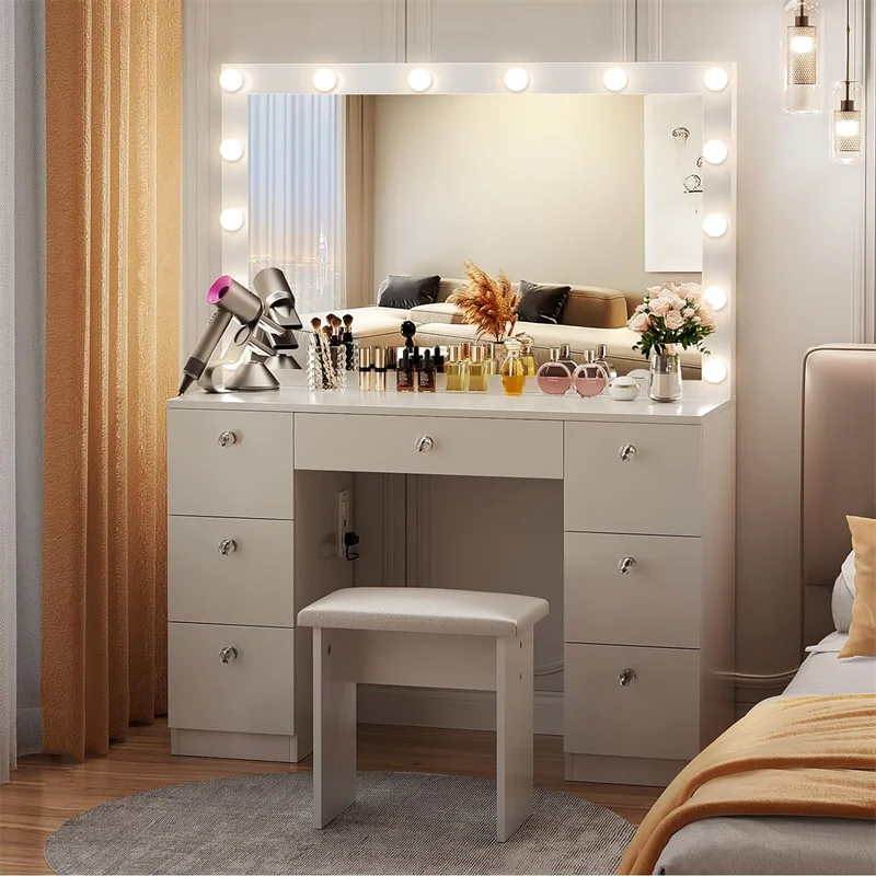 Dressing table with LED illuminated mirror and power socket, makeup vanity set with large drawers,beauty cabinet cosmetic table