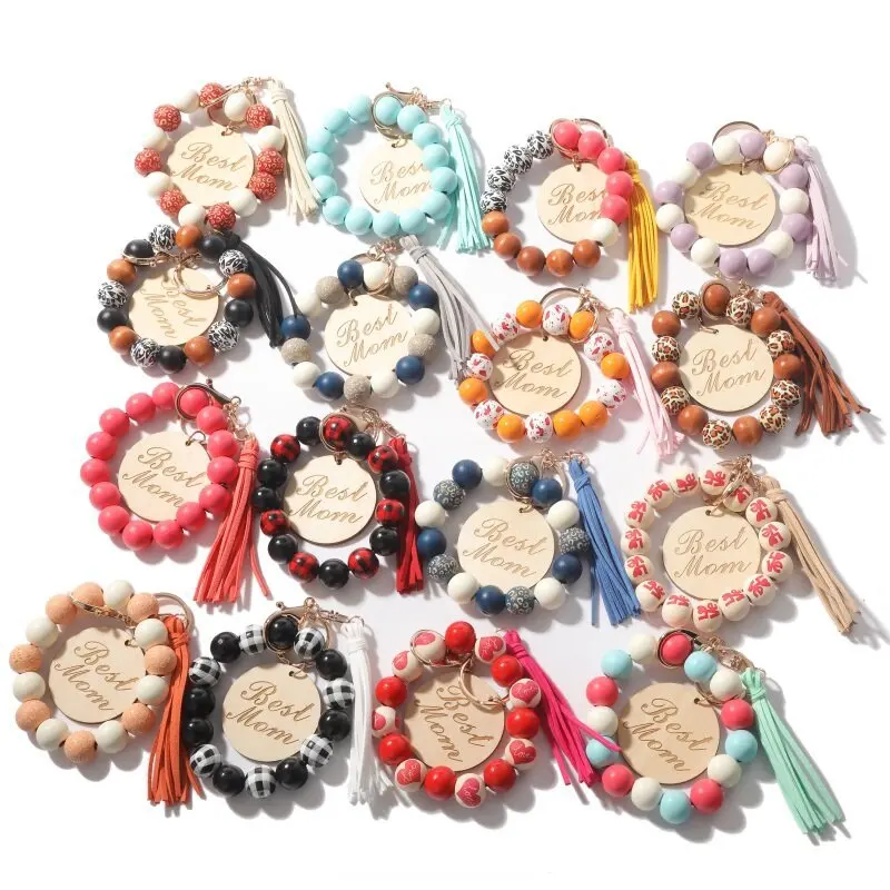 Spot Leopard Wood Bead Bracelet Elastic Rope Keychain Hand Tassel Carved Disc Bracelet Keychain