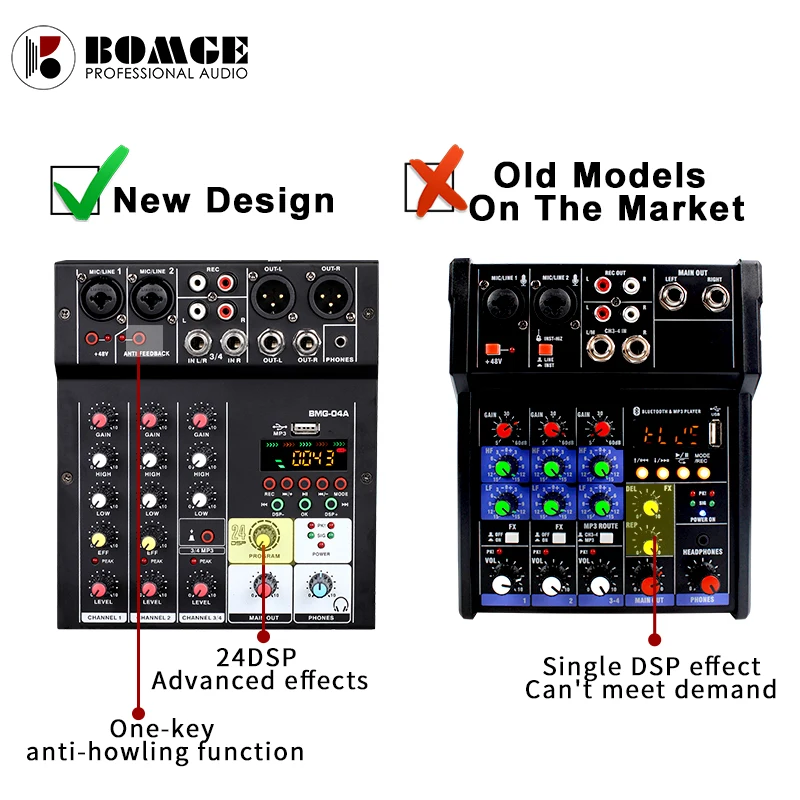 BMG 24 DSP usb blueteeth sound audio mixer audio mixing console 5V power supply by usb buses and mobile charger