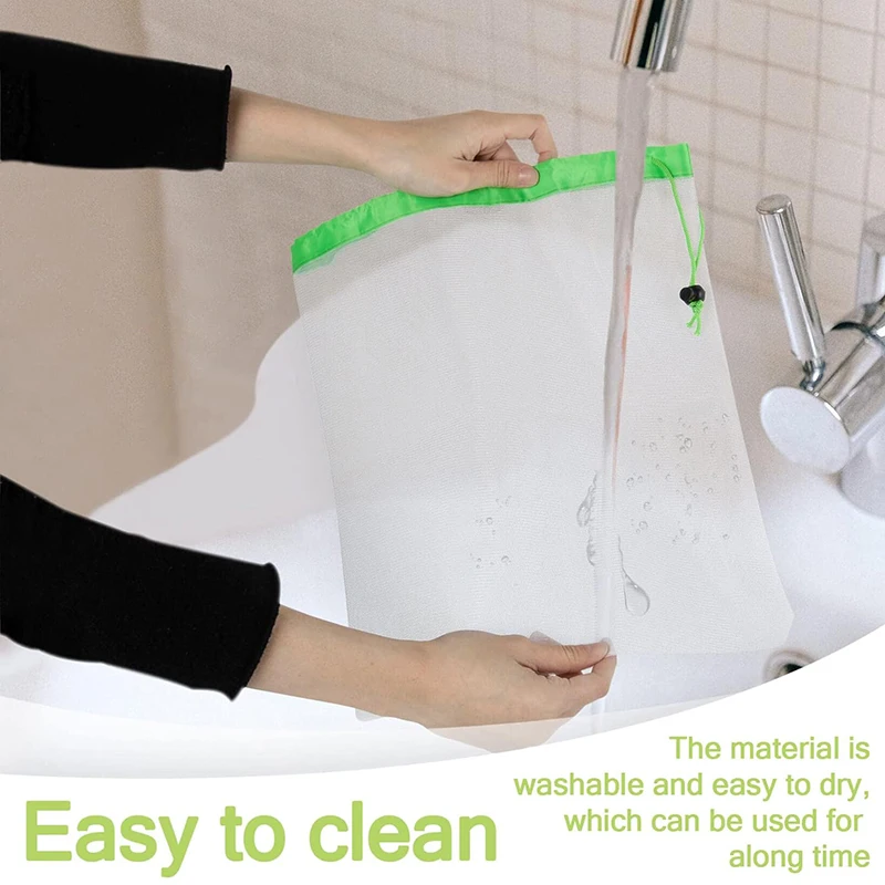 Eco-friendly Washable Nylon Mesh Fruits & Vegetables Storage Bags With Toggles & Top Trim