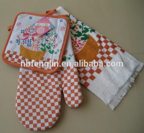 High quality Resistant cotton Oven Mitts Kitchen Set including Oven Mitts, Pot Holder, Kitchen Soft textile Towel