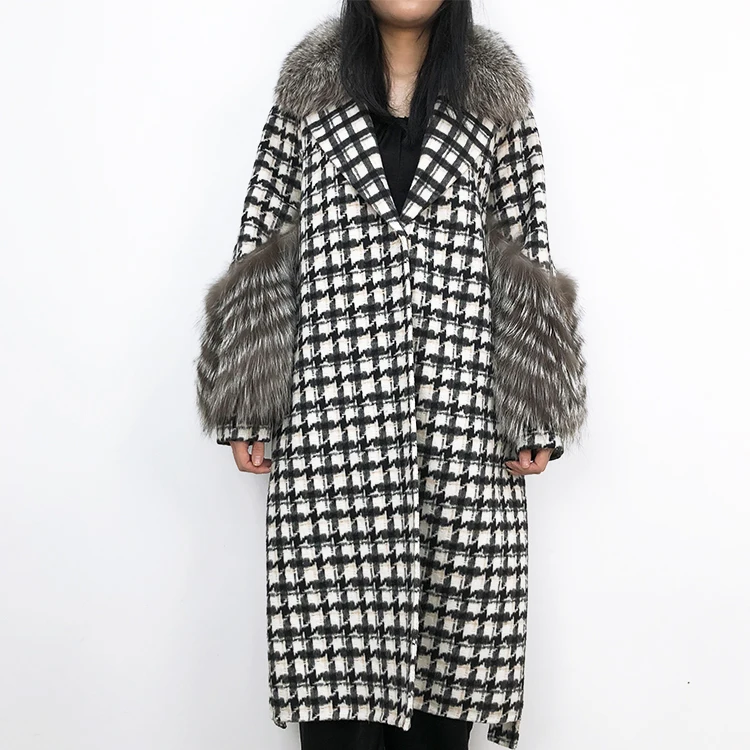 Women winter fashion lapel woolen plaid double face long peacoat coat