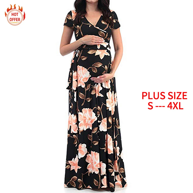 Plus Size Floral V-Neck Maxi Casual Sexy Short Sleeve Pregnant Women Clothing Summer Maternity Dress
