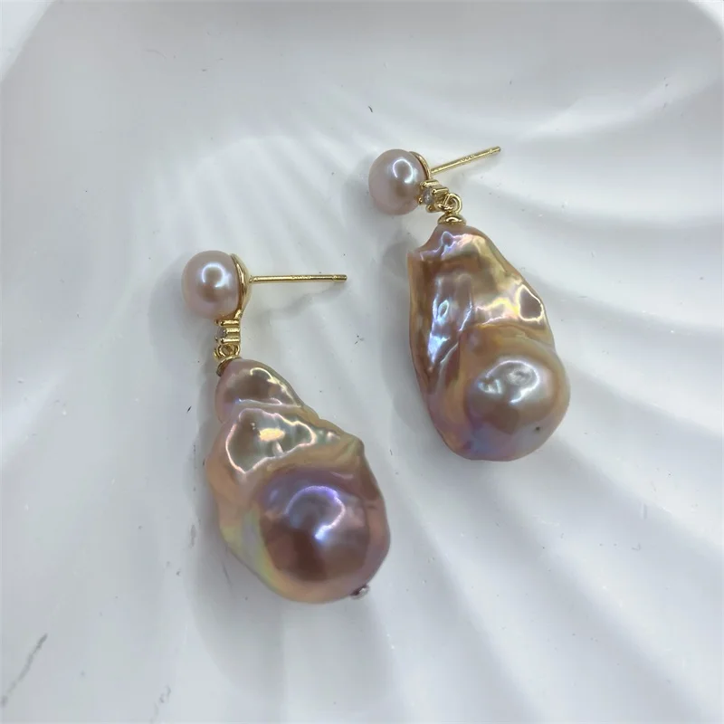 Wuzhou 2024 Hot Sale 925 Sterling Silver Stud Earrings Round+Baroque Freshwater Pearl Perfect Wedding Gift Cute Parties