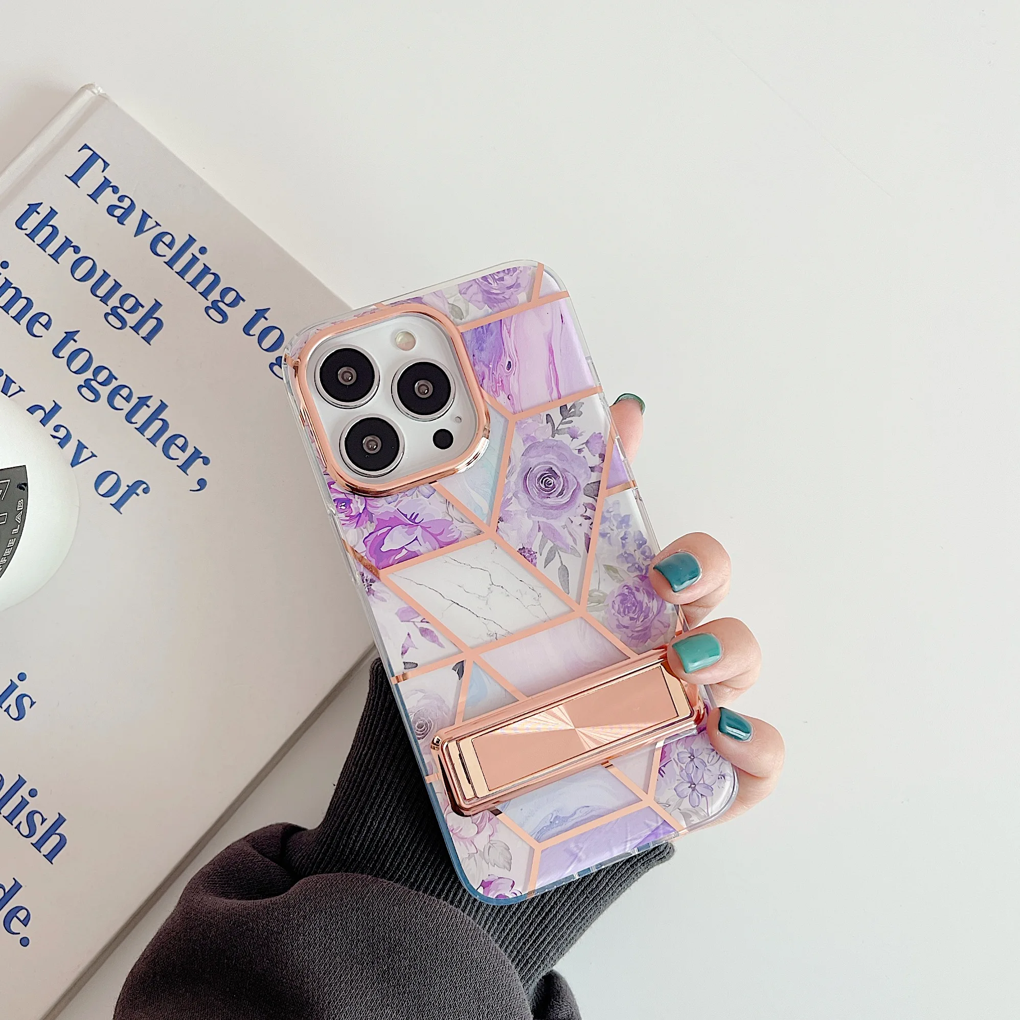 FashionWomen Phone Case IMD Printed Mobile  Cover for iPhone 13 Marble Electroplated Phone Accessories with standing function