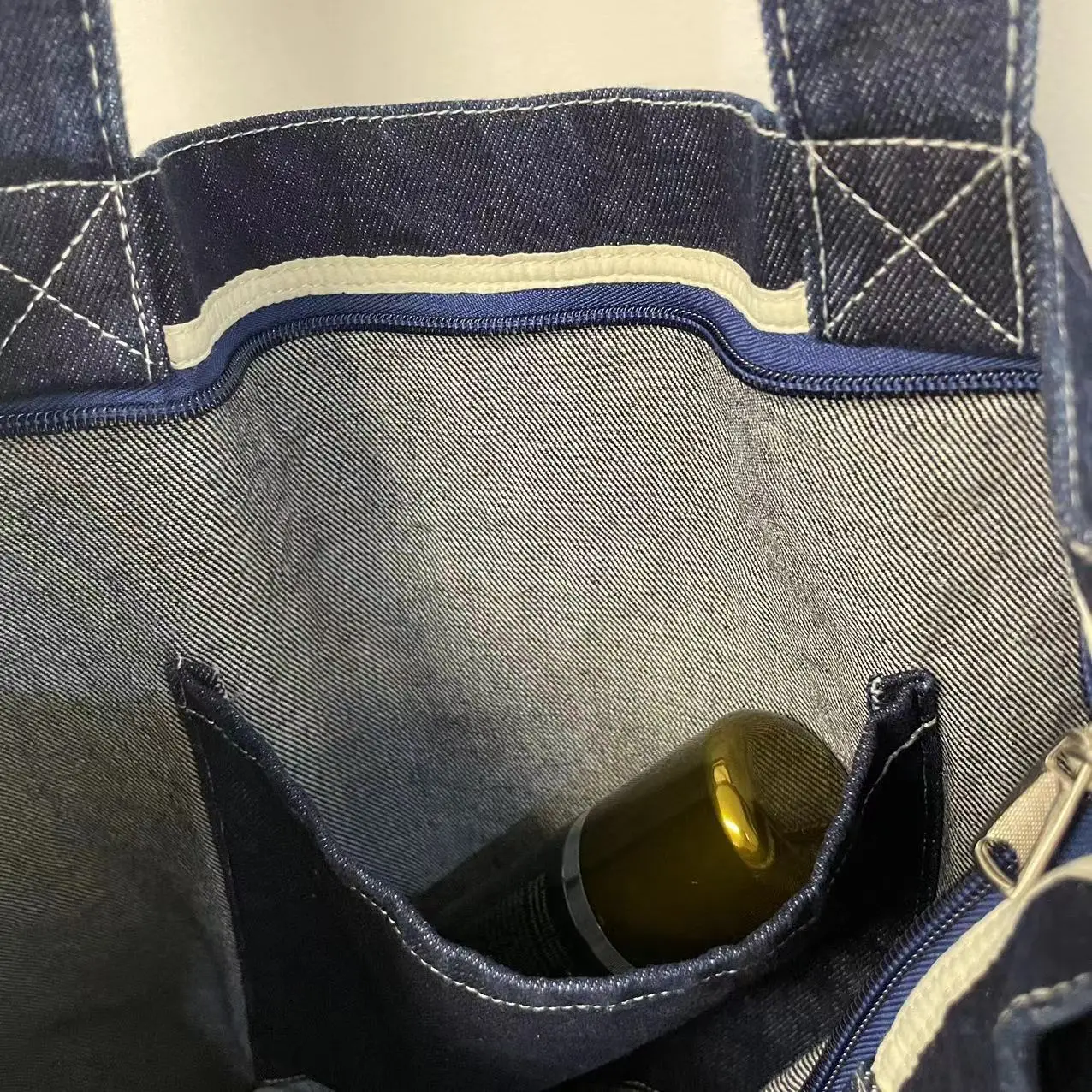 Custom Logo Embroidery Vintage Denim Canvas Bag Oversized Large Capacity Tote Bag Denim Grocery Bag with zipper inside pocket