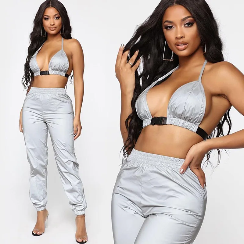 
2021 New Summer Hot Sale Reflective Slim Clothing With Buckles Waterproof Ultra Short Halter Tops For Women 