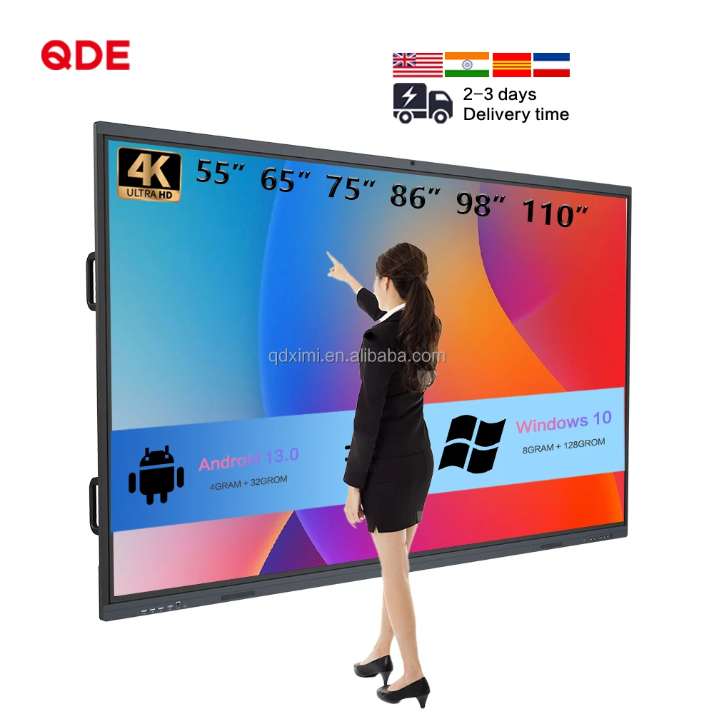 QDE 55 65 75 85 86 98 100 дюймов ручка сенсорная Интерактивная плоская панель 4k ЖК-цифровые интерактивные смарт-доски