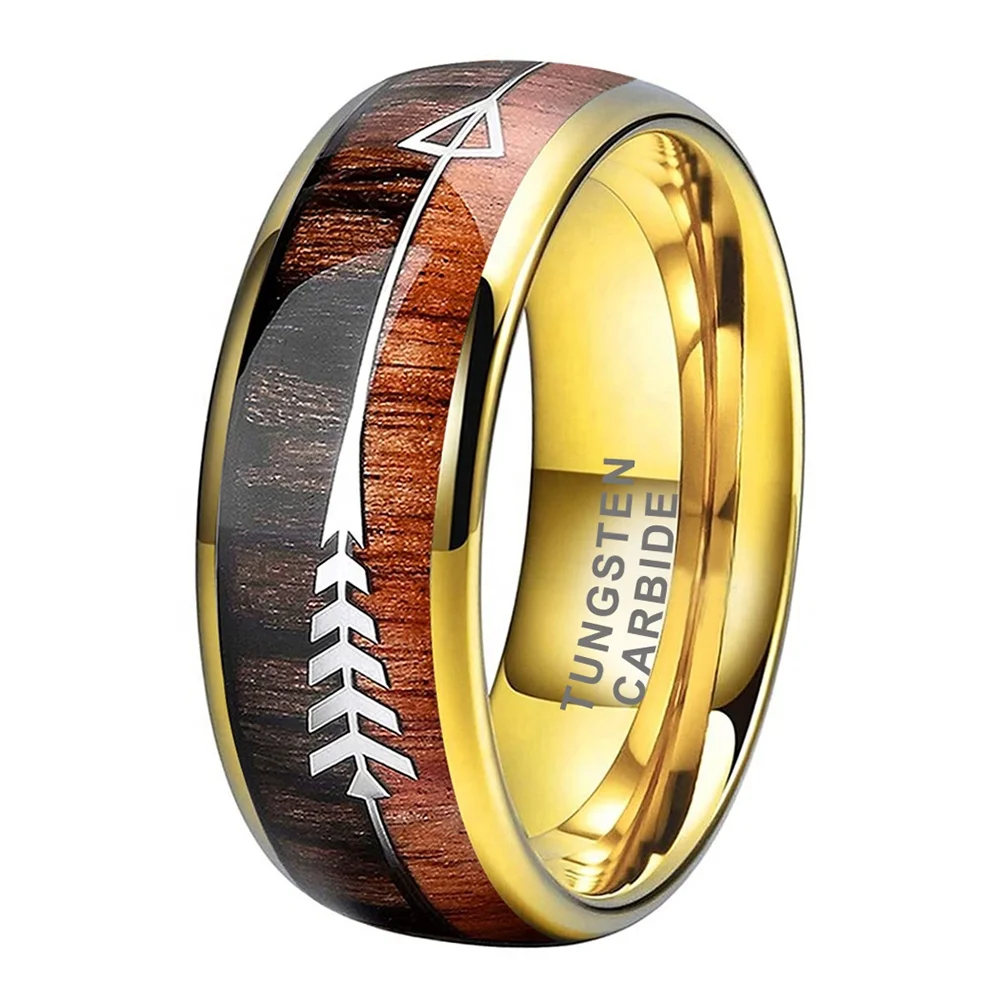 Coolstyle Jewelry 6mm 8mm Silver Black Gold & Rose Tungsten Ring Men Women Trendy Wedding Band Koa Wood Arrow Inlay Comfort Fit