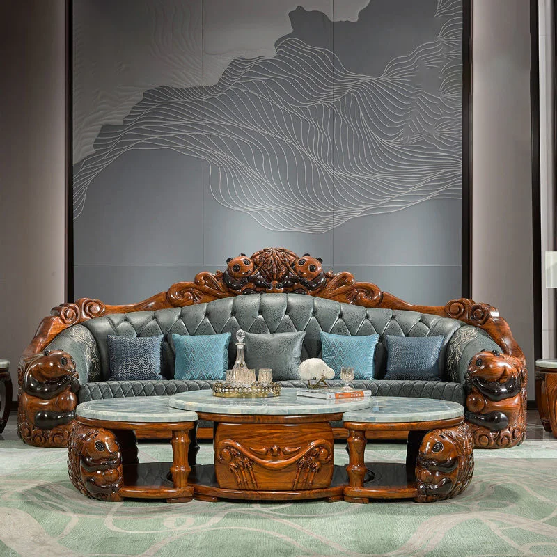 leather sofa European-style solid wood carved villa large-sized leather living room furniture