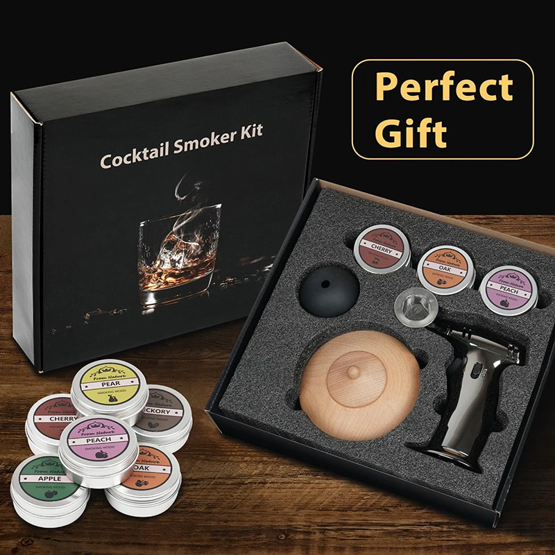 Old Fashioned Whiskey Smoker Kit,Bourbon Smoker Cocktail Smoker Kit with Torch Including Six Wood Chips and One Ice Ball Mold