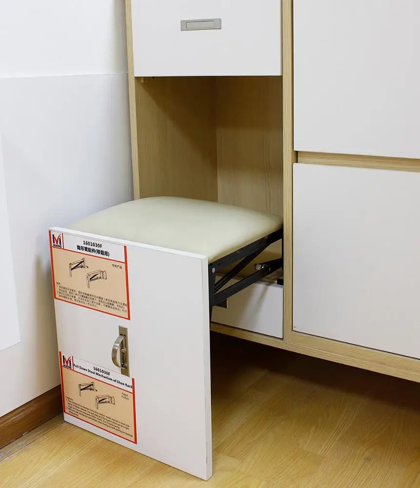 Hidden Pull Down Stool Mechanism for Shoe Rack Cabinet