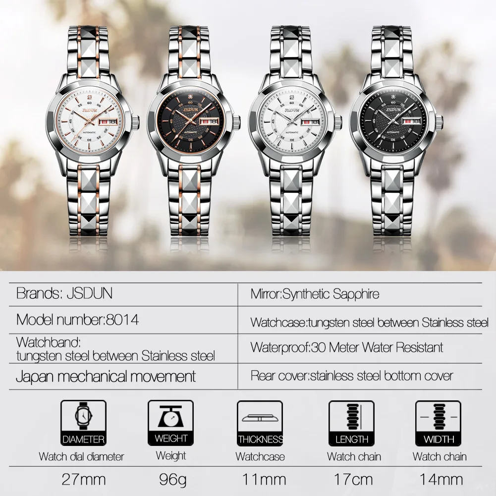 2020 JSDUN OEM Luxury Lady Automatic Stainless Steel Waterproof Auto Date Watches  Mechanical Women Wristwatches