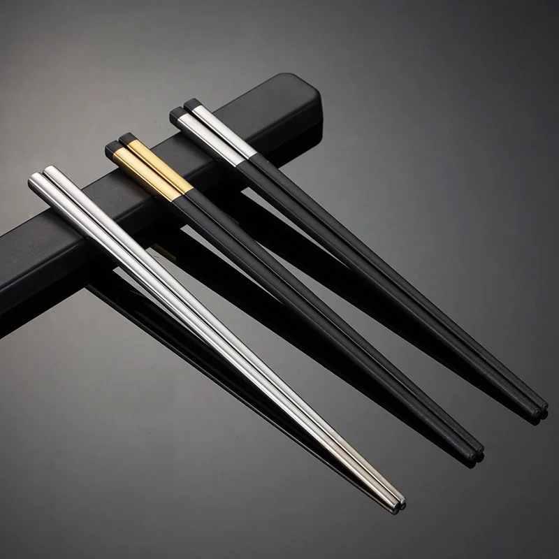 Reusable Custom Square Shape Luxury Titanium Plated Color Stainless Steel Non-slip a Pair of Chopstick