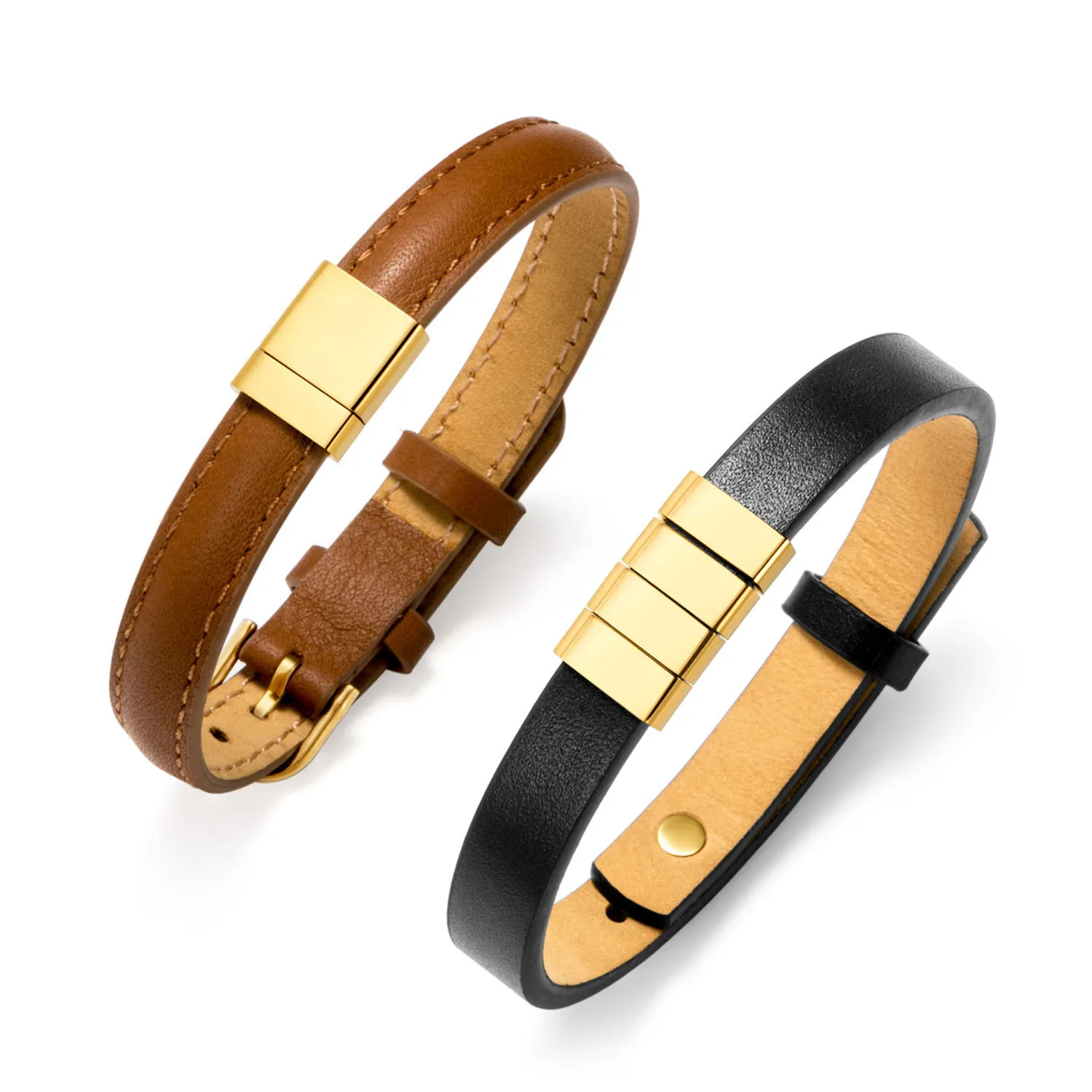 2023 ювелирные изделия из нержавеющей стали PVD золото натуральная кожа мужской браслет с бусинами для гравировки имени