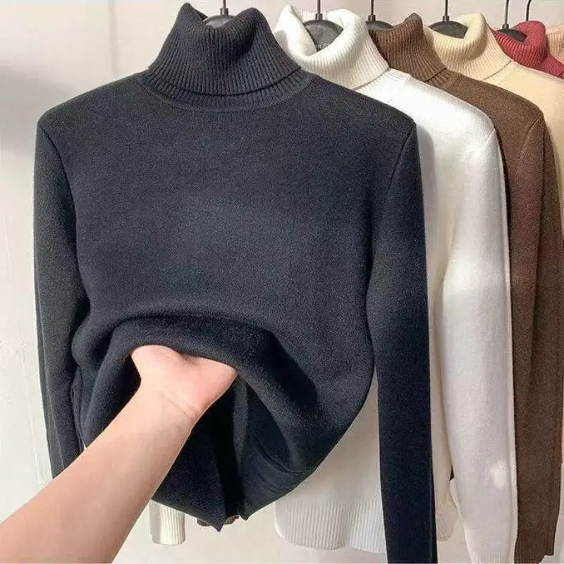 Winter Turtleneck Sweater Women Keep Warm Fleece Lined Knitted Pullovers Korean Fashion Velvet Basic Slim Knitwear Jumper Tops