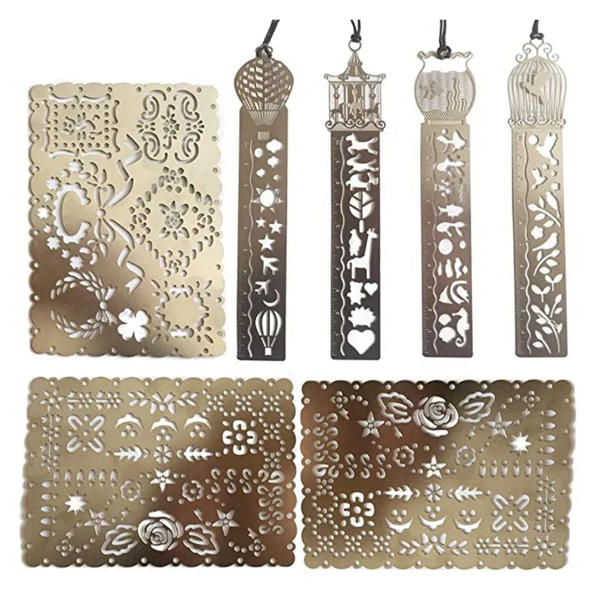 Custom Multifunctional Hollow Out Bookmarks Template Portable Stainless Steel Painting Drawing Graffiti Ruler Stencil
