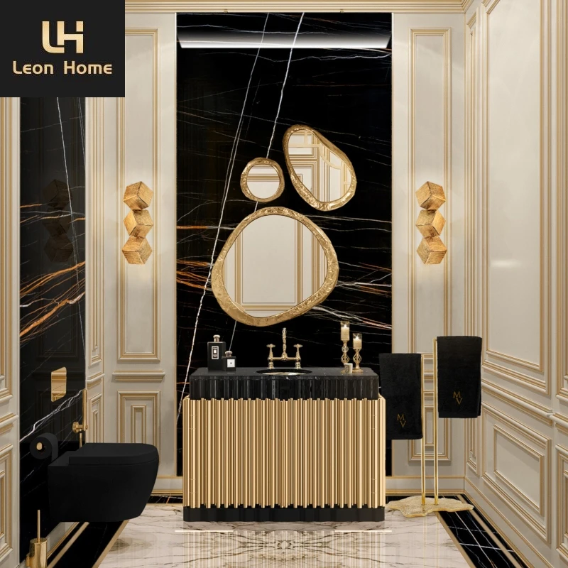 Customized bathroom cabinet with sink stainless steel black marble top small size washbasin