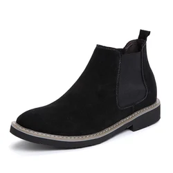 Men Genuine Leather Shoes High Cut Height Increasing Fashion Design Performance Chelsea Boots Men Suede