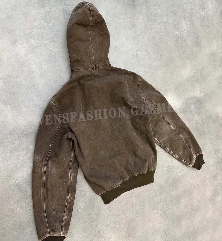 Custom Logo Sun Faded Vintage Zip Up Workwear Custom Duck Canvas Denim Jean Trucker Detroit Work Jacket