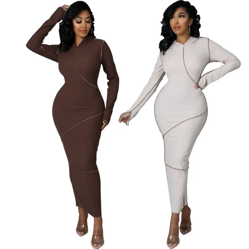 Long Sleeve Hooded Patchwork Skinny Maxi Dress Autumn Winter Women Fashion Streetwear Casual Outfits long Sleeve New Black dress