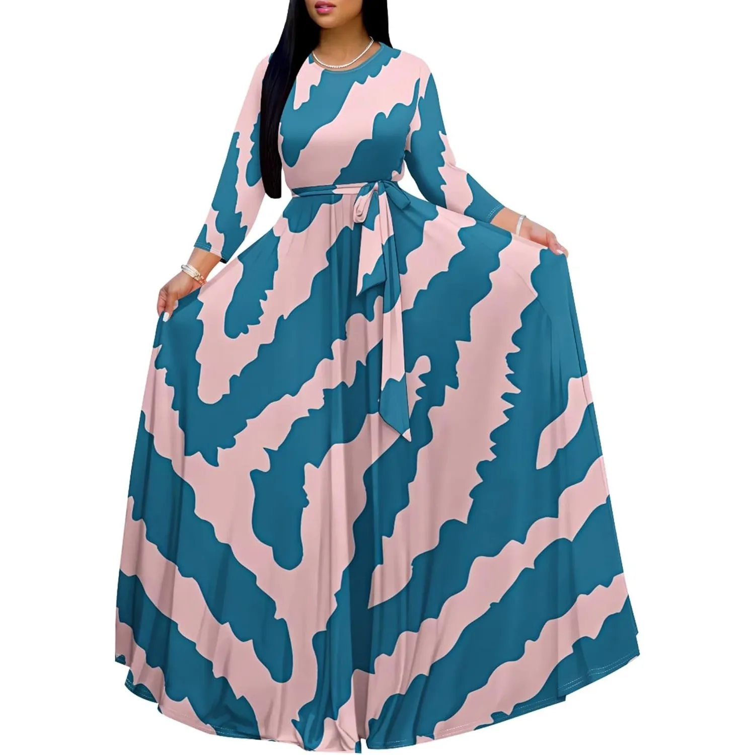 Plus Size Maxi Dress for Women Summer Casual Tie Dye Curvy Sundress Beach Chic Party Evening Grown Crew Neck Long Sleeve Dresses