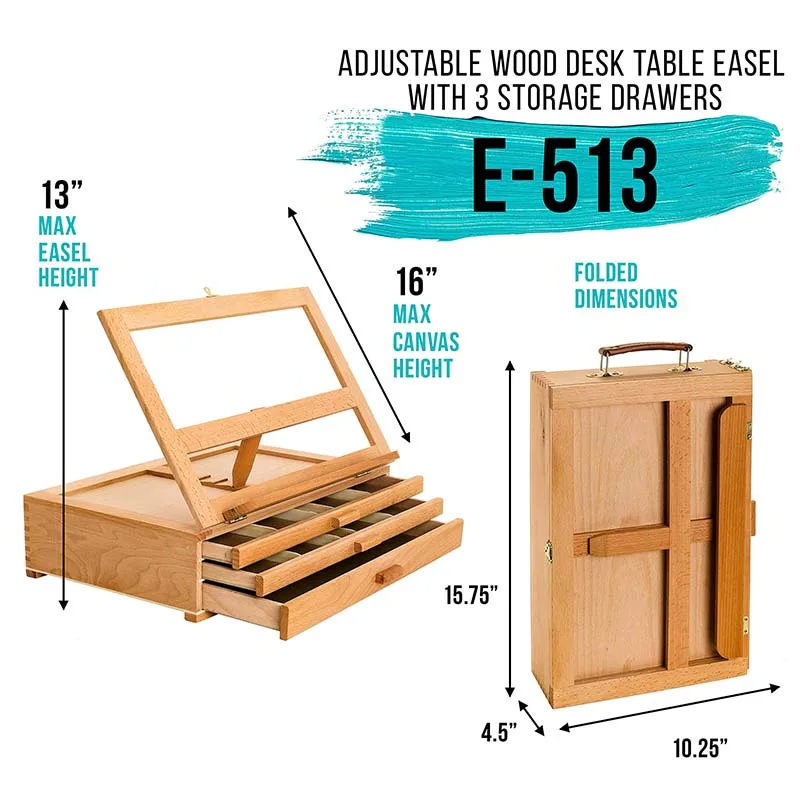 Adjustable Wooden 3 Drawer Storage Box Easel Portable Wood Artist Desktop Case Fold Down Canvas Easel Book Stand Sketching board