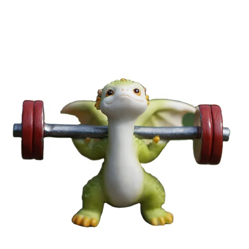 Z17183A Home Decor Cartoon Adorable Weightlifting Dinsaur Figurine Green Sport Dragon resin Statue