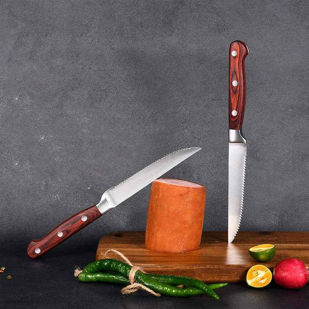 Premium Custom Logo Bulk Buy Sale German High Carbon Stainless Steel Serrated Kitchen Steak Knives Blanks Set with Wood Handle