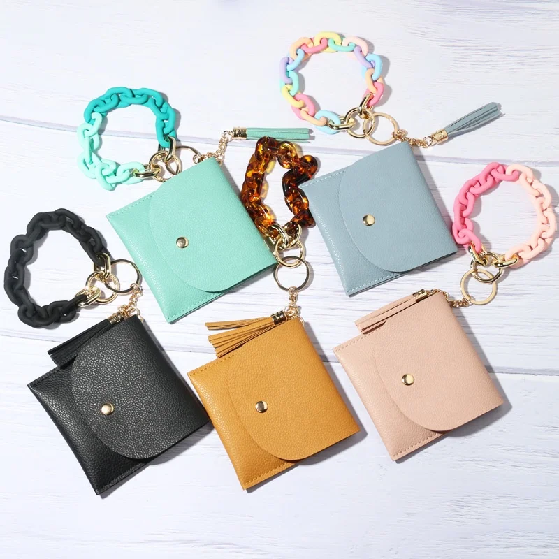 2022 New Etsy Lady Acrylic Wristlet Keychain Bracelets Key Ring Wallet Card Holder Purse with Tassel