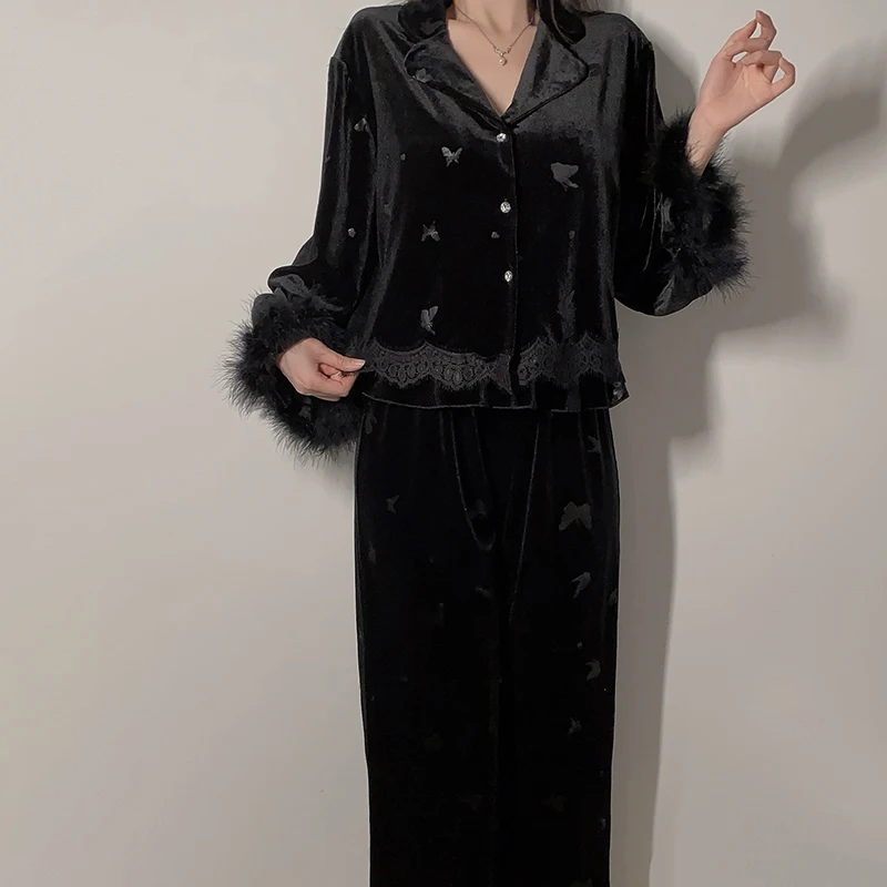 winter Sleepwear women fur trim cuff embroidery lace chest pad embossed butterfly cami pants robe sexy pajamas 3-piece set p4420