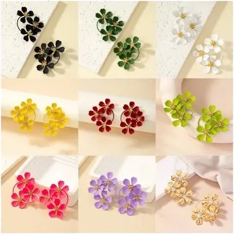 Boho Acrylic Flower Hoop Earring Pink Crystal Dangle Cz Tassel Earrings Colorful Resin Flower Earrings for Women