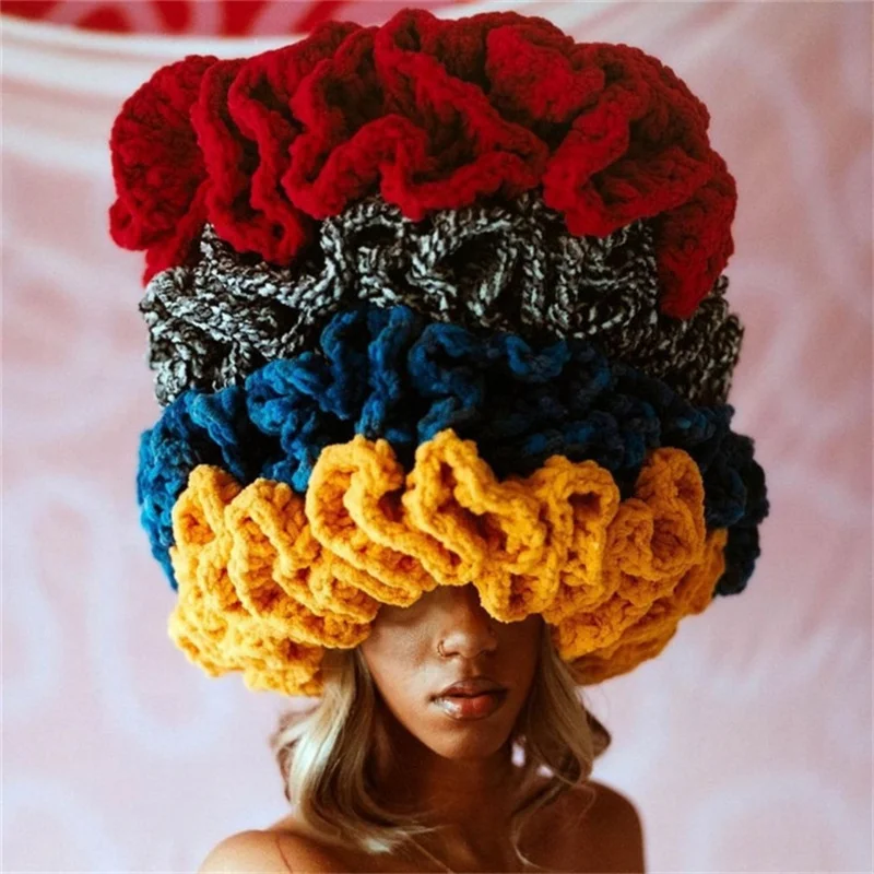 IDOIT Women Crochet Bucket Hats Y2k Fashion Knit Soft Fluffy Chunky Multicolor Crochet Pleated Ruffles Knitted Hat