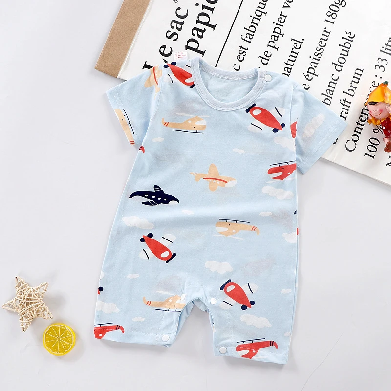 Unisex Cotton Short Sleeve Jumpsuit for Baby Spring and Summer Climbing Clothes with Cartoon Pattern and Snap Button Closure