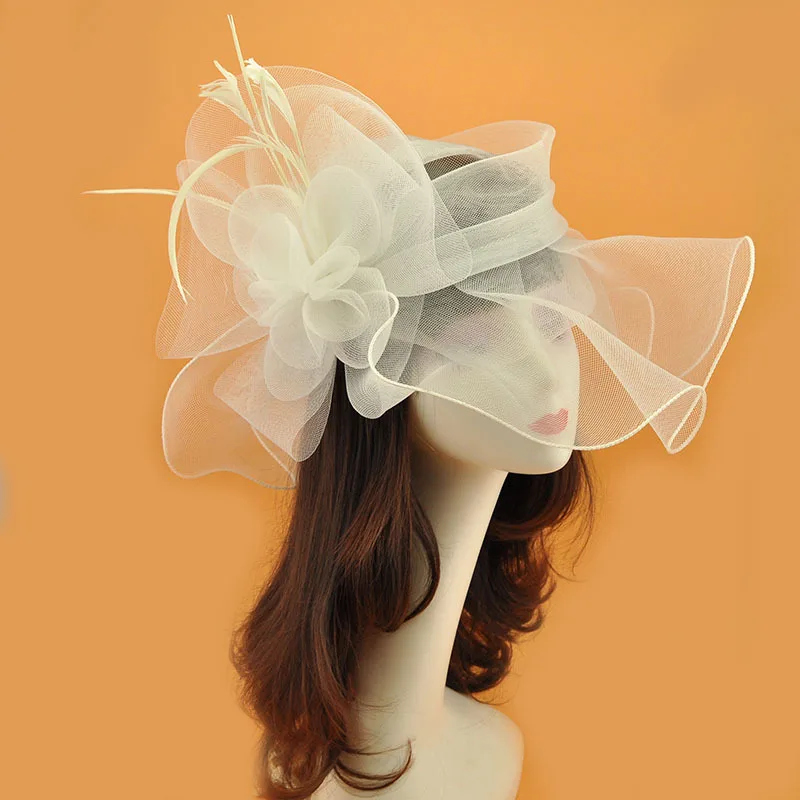 Designer Catwalk Women Headwear Bride Wedding Flower Mesh Cap Temperament Lady Church Oversized Feather Top Hat