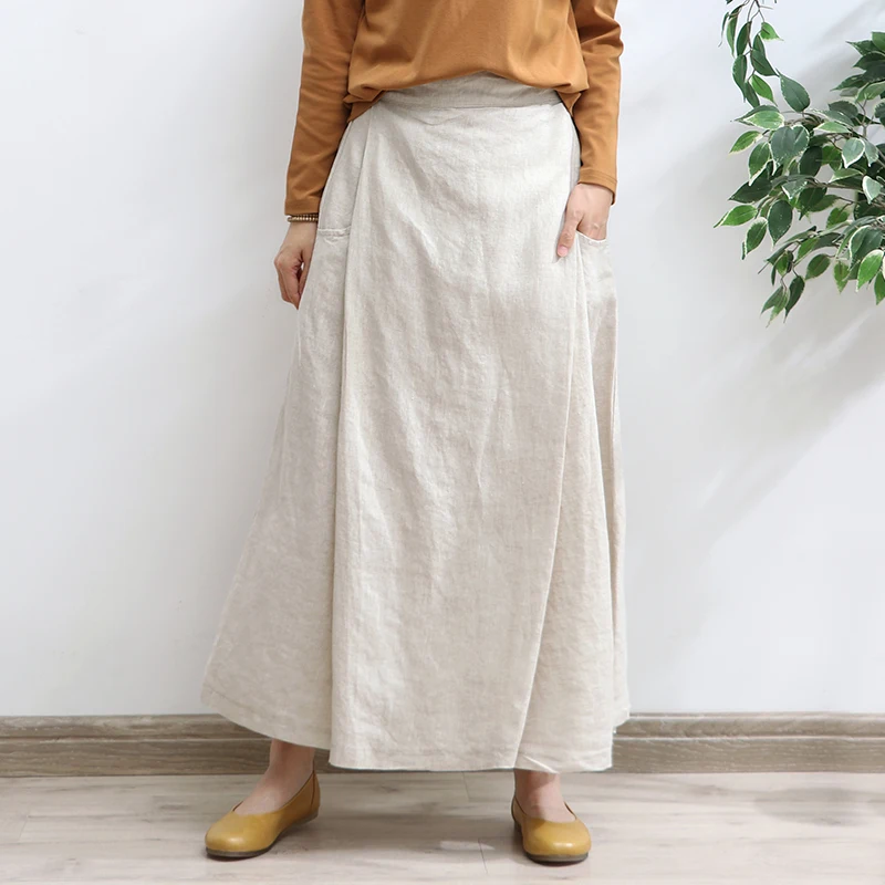 2023 New Long Maxi Elastic High Waist Women Skirt With Pockets Summer Casual A-line Linen Cotton Beige Skirts