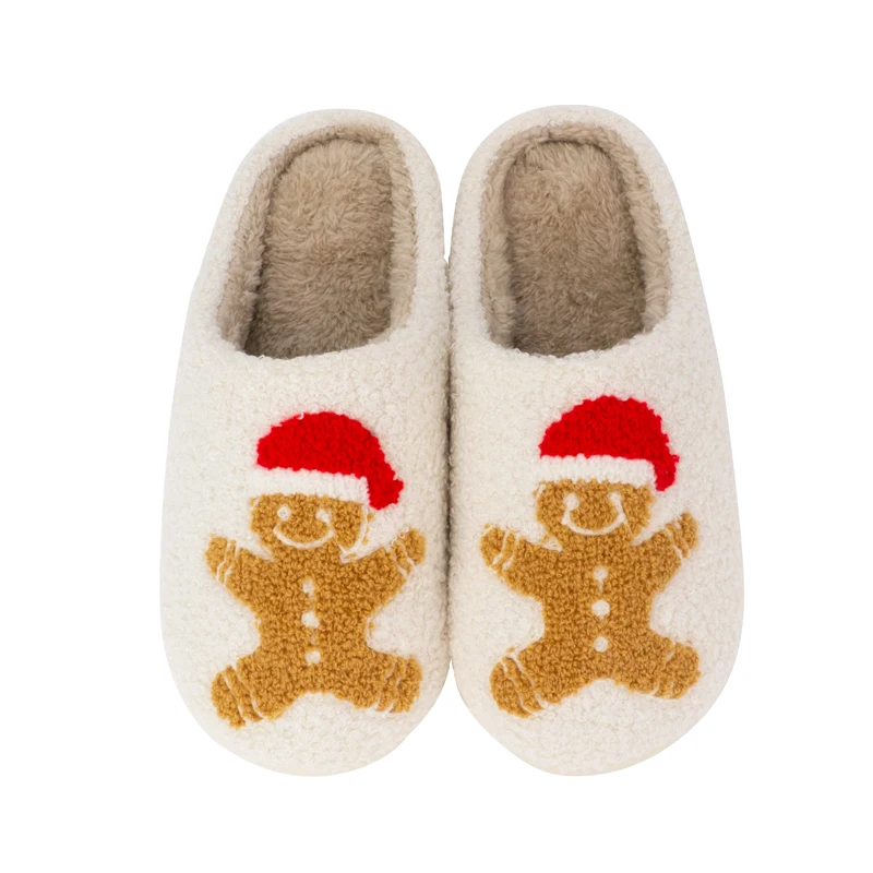 Custom Winter Cheap Available Plush Christmas Slippers Fluffy Santa Gingerbread Slippers for Men and Women